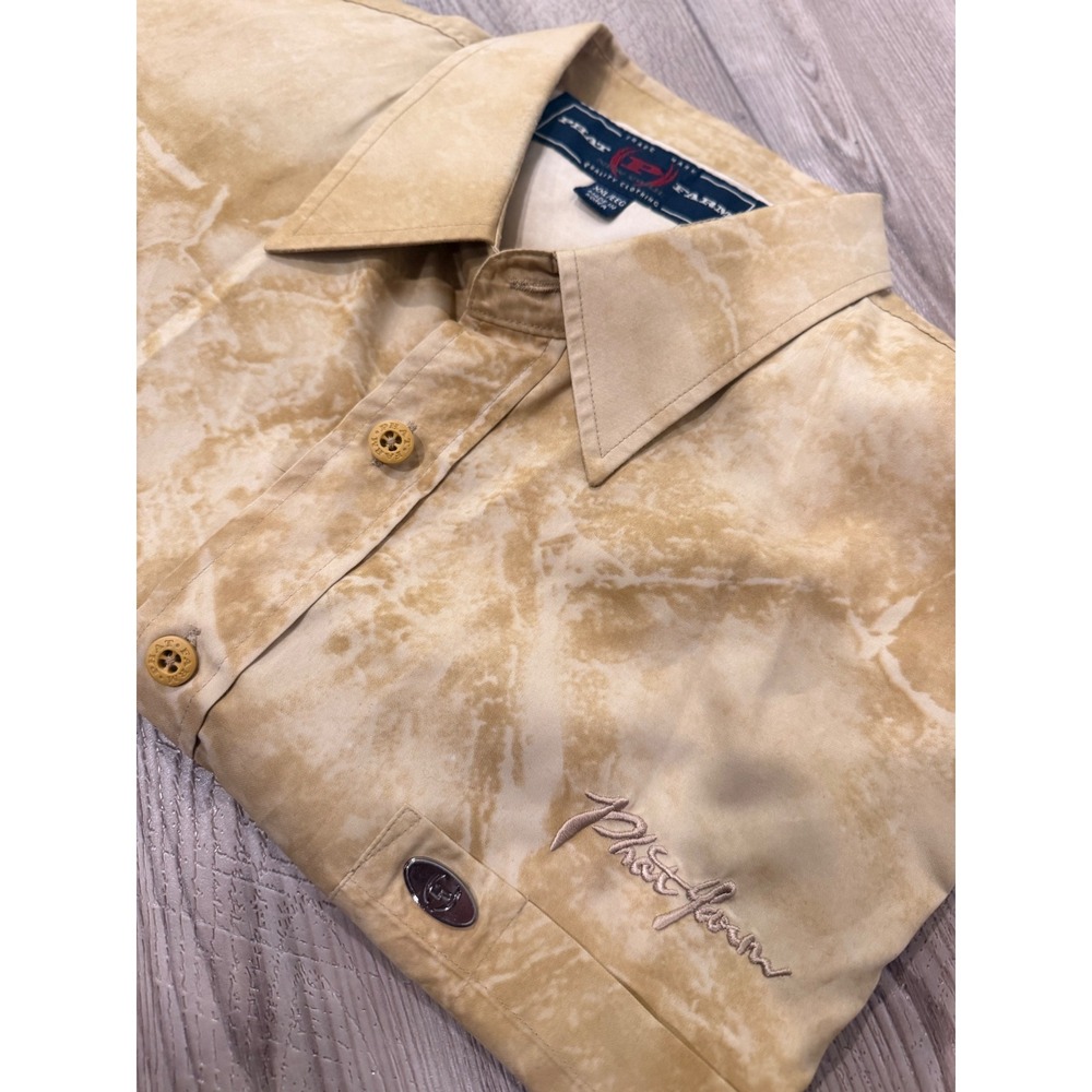 Phat Farm Mens XXL Tan Marble Monogram Logo Button Down Short Sleeve Shirt Y2K